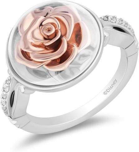 Jewelili Enchanted Disney Fine Jewelry من الفضة الإسترليني والذهب الوردي عيار 10 قيراط مع خاتم حسناء من الماس 1/10 CTTW in Kuwait