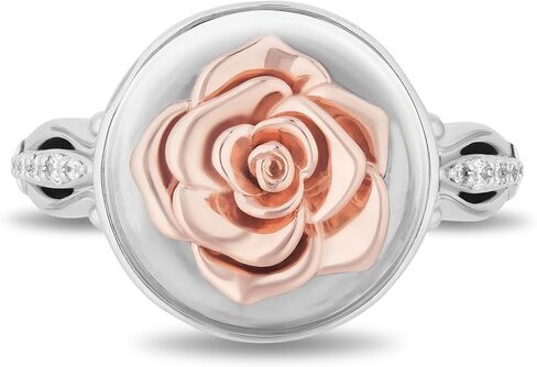 Jewelili Enchanted Disney Fine Jewelry من الفضة الإسترليني والذهب الوردي عيار 10 قيراط مع خاتم حسناء من الماس 1/10 CTTW in Kuwait