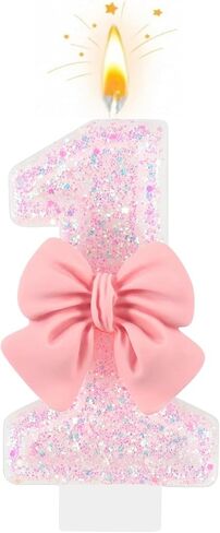 Number 4 Birthday Candle with Pink Bow – Pink Glitter 4 Candle Cake Topper for Girls, 4th Birthday Decorations, Birthday Cake Decor, Anniversary Celebration Party Supplies in Kuwait