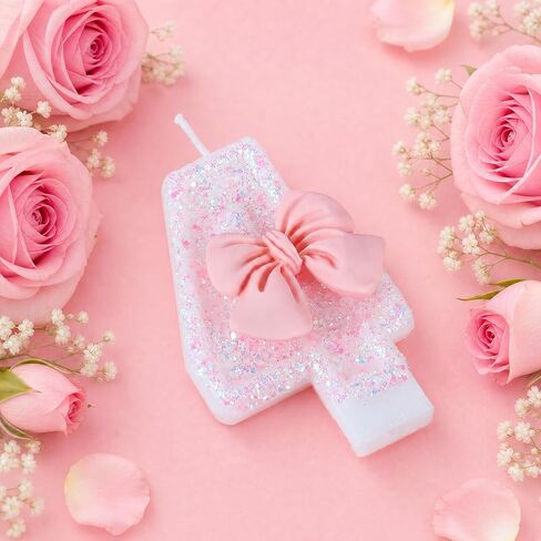 Number 4 Birthday Candle with Pink Bow – Pink Glitter 4 Candle Cake Topper for Girls, 4th Birthday Decorations, Birthday Cake Decor, Anniversary Celebration Party Supplies in Kuwait