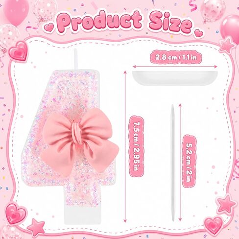 Number 4 Birthday Candle with Pink Bow – Pink Glitter 4 Candle Cake Topper for Girls, 4th Birthday Decorations, Birthday Cake Decor, Anniversary Celebration Party Supplies in Kuwait