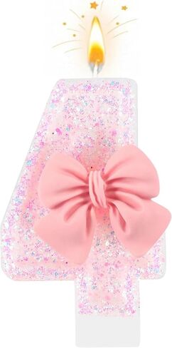 Number 4 Birthday Candle with Pink Bow – Pink Glitter 4 Candle Cake Topper for Girls, 4th Birthday Decorations, Birthday Cake Decor, Anniversary Celebration Party Supplies in Kuwait