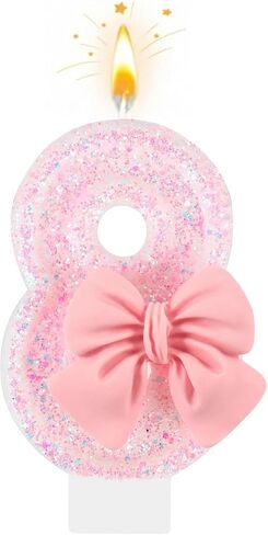 Number 4 Birthday Candle with Pink Bow – Pink Glitter 4 Candle Cake Topper for Girls, 4th Birthday Decorations, Birthday Cake Decor, Anniversary Celebration Party Supplies in Kuwait