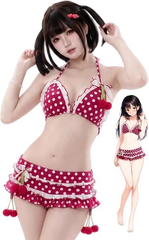 Sweet Cherry Bikini Set, Women Crop Top & Skirt, Cherry Print Anime-Inspired, Petite Fit, One Size US M in Kuwait