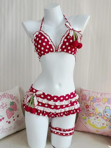Sweet Cherry Bikini Set, Women Crop Top & Skirt, Cherry Print Anime-Inspired, Petite Fit, One Size US M in Kuwait