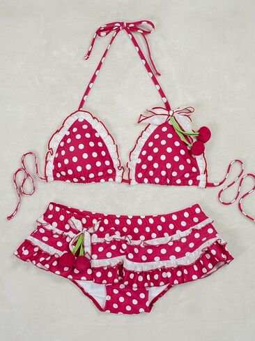 Sweet Cherry Bikini Set, Women Crop Top & Skirt, Cherry Print Anime-Inspired, Petite Fit, One Size US M in Kuwait