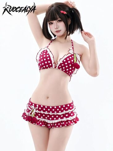 Sweet Cherry Bikini Set, Women Crop Top & Skirt, Cherry Print Anime-Inspired, Petite Fit, One Size US M in Kuwait