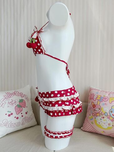 Sweet Cherry Bikini Set, Women Crop Top & Skirt, Cherry Print Anime-Inspired, Petite Fit, One Size US M in Kuwait