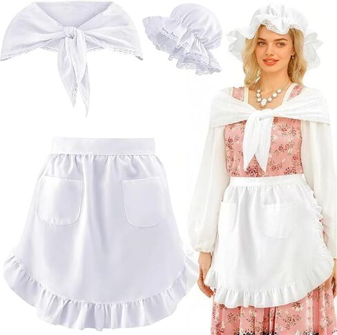Women Pilgrim Costume Set Half Apron Shawl White Mob Cap Bonnet Maid Peasant Colonial Costume Girls Cosplay in Saudi Arabia