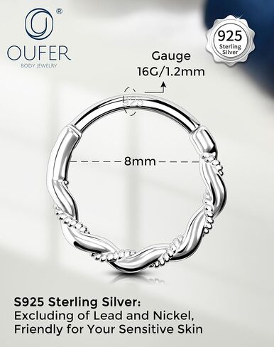 OUFER 925 Sterling Silver Septum Rings 16g, Hinged Segment Clicker Septum Jewelry, Nose Rings Hoops, Helix Daith Tragus Cartilage Piercing Jewelry for Women in Kuwait