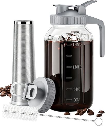 64 oz Cold Brew Coffee Maker, Mason Jar Pitcher with Stainless Steel Filter | Airtight, Leak Proof, 100 Micron Weave, Wide Mouth, Pour Spout Lid, Thick Glass, Fridge Safe, Ergonomic Handle, BPA-Free in Saudi Arabia