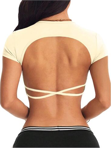 WDIRARA Women's Open Back Crop Tops Short Sleeve Yoga Shirts Athletic Running Tee in Kuwait