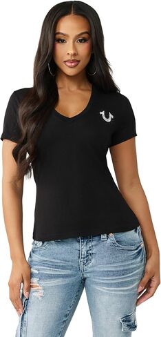 True Religion Women’s Crystal Buddha V Tee – Slim Fit V-Neck, Rhinestone Logo, Soft 100% Cotton Short Sleeve Top in Kuwait