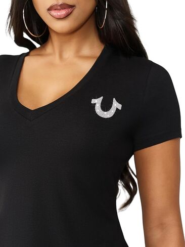 True Religion Women’s Crystal Buddha V Tee – Slim Fit V-Neck, Rhinestone Logo, Soft 100% Cotton Short Sleeve Top in Kuwait