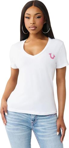 True Religion Women’s Crystal Buddha V Tee – Slim Fit V-Neck, Rhinestone Logo, Soft 100% Cotton Short Sleeve Top in Kuwait