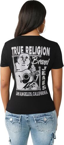 True Religion Women’s Crystal Buddha V Tee – Slim Fit V-Neck, Rhinestone Logo, Soft 100% Cotton Short Sleeve Top in Kuwait