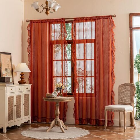 Sutuo Home Beige Boho Sheer Curtains 84 inches long for Bedroom&Living Room, Ruffle Lace Curtains Crochet Bohemian Farmhouse Vintage Wave Drape Cottagecore Window Treatments Rod Pocket, 2 Panels 50" W in Saudi Arabia
