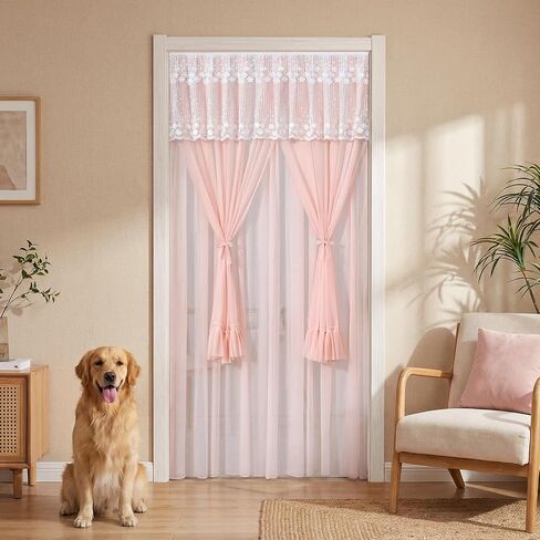 Lace Curtains for Doorways, No-Drilling Room Divider with Magic Tape, 35''x83'' Double Layered Sheer Privacy Curtains, Anti Mosquito Net for Sliding Glass Door, Decorative Tie-Up Window Treatment in Saudi Arabia