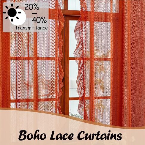 Sutuo Home Beige Boho Sheer Curtains 84 inches long for Bedroom&Living Room, Ruffle Lace Curtains Crochet Bohemian Farmhouse Vintage Wave Drape Cottagecore Window Treatments Rod Pocket, 2 Panels 50" W in Saudi Arabia