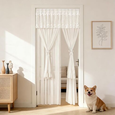 Lace Curtains for Doorways, No-Drilling Room Divider with Magic Tape, 35''x83'' Double Layered Sheer Privacy Curtains, Anti Mosquito Net for Sliding Glass Door, Decorative Tie-Up Window Treatment in Saudi Arabia