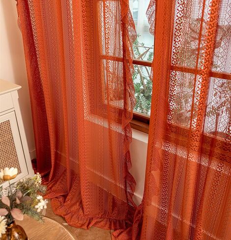 Sutuo Home Beige Boho Sheer Curtains 84 inches long for Bedroom&Living Room, Ruffle Lace Curtains Crochet Bohemian Farmhouse Vintage Wave Drape Cottagecore Window Treatments Rod Pocket, 2 Panels 50" W in Saudi Arabia