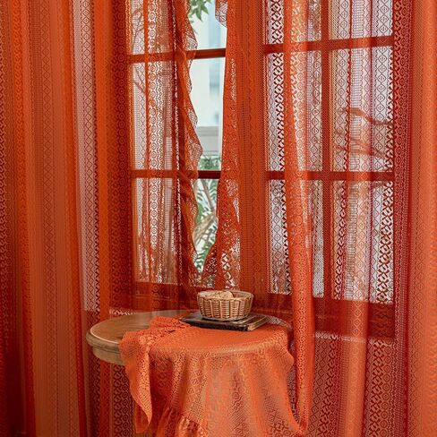 Sutuo Home Beige Boho Sheer Curtains 84 inches long for Bedroom&Living Room, Ruffle Lace Curtains Crochet Bohemian Farmhouse Vintage Wave Drape Cottagecore Window Treatments Rod Pocket, 2 Panels 50" W in Saudi Arabia