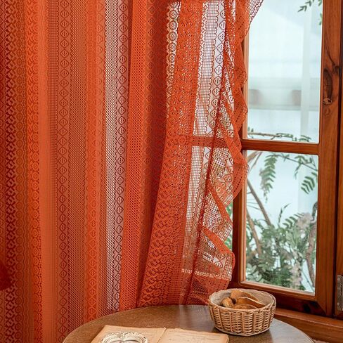 Sutuo Home Beige Boho Sheer Curtains 84 inches long for Bedroom&Living Room, Ruffle Lace Curtains Crochet Bohemian Farmhouse Vintage Wave Drape Cottagecore Window Treatments Rod Pocket, 2 Panels 50" W in Saudi Arabia