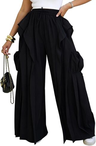 HuiSiFang Women's Baggy Cargo Pants Ruffle Patchwork High Waisted Wide Leg Parachute Casual Trousers with Drawstring in Saudi Arabia