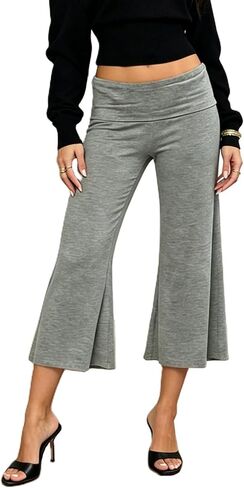 OAKFashion Womens Wide Leg Capri Pants Fold Over Stretch Gaucho Pants Casual Flare Cropped Pant Summer Lounge Beach Bottoms in Saudi Arabia