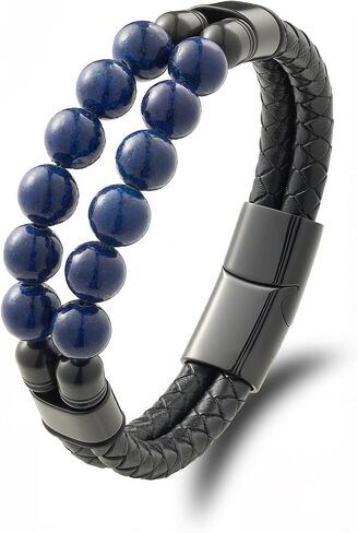 Black Braided Leather Bracelet for Men with Turquoise, Lapis Lazuli, Tiger Eye, Obsidian Stone Double-Row Wristband Beads with Stainless Steel Clasp Fashion Jewelry Gift for Him in Saudi Arabia