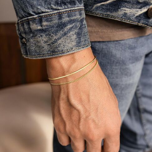 Moodear Stack 6.5Inches Chain Men Bracelet - Thin 14K Gold Plated 2mm Snake Cuban Bracelet Sets for Mens Trendy Jewelry Gift in Saudi Arabia