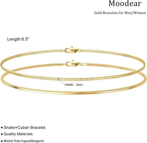 Moodear Stack 6.5Inches Chain Men Bracelet - Thin 14K Gold Plated 2mm Snake Cuban Bracelet Sets for Mens Trendy Jewelry Gift in Saudi Arabia