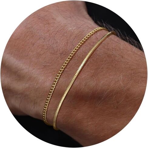 Moodear Stack 6.5Inches Chain Men Bracelet - Thin 14K Gold Plated 2mm Snake Cuban Bracelet Sets for Mens Trendy Jewelry Gift in Saudi Arabia