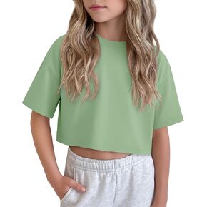 Girls Crop Tops Oversized Short Sleeve Shirts Tween Kids Drop Shoulder Athletic Shirts Crewneck Summer Basic Tees in Kuwait