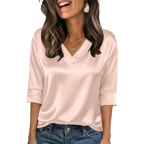 Women Silk Satin Tops 3/4 Length Sleeve Shirts Dressy Casual Blouse V Neck Business Casual Outfits in Saudi Arabia