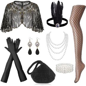 1920s Flapper Accessories Set for Women Great Gatsby Accessories with Headband Gloves Sequin Shawl Clutch Evening Bag Roaring 20s Costume for Party Black in Saudi Arabia