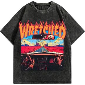 BAPHITY Mens Graphic Tees Acid Washed Crew Neck T Shirts Vintage Y2K Streetwear Loose Fit Unisex Casual Tops, Car, Black, XL in Kuwait