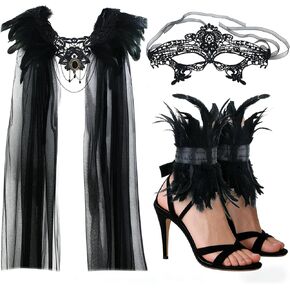 Gothic Feather Lace Shawl with Masquerade Mask and Feather Leg Cuffs, Black Tulle Cape Costume Accessories for Women Halloween Masquerade Party Cosplay in Saudi Arabia