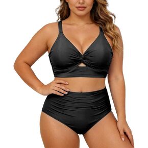 Plus Size 2 Piece Swimsuit for Women High Waisted Tummy Control Ruched Bathing Suit Knot Front Cutout Cute Bikini Set in Saudi Arabia