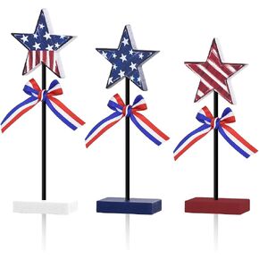 Smile Patriotic Flower Wooden Standing Decor Set, 3-Piece American Flag Themed Tiered Tray Tabletop Sign for 4th of July & Memorial Day in Saudi Arabia