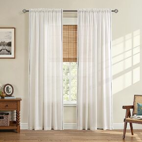 Linen Curtains 84 Inches Length 2 Panels for Living Room Bedroom Semi Sheer Light Filtering Privacy Rod Pocket Window Drapes with Black Trim Cream Natural Ivory Beige Modern Boho Farmhouse, 52x84 in Saudi Arabia