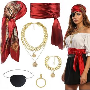 AKTVSHOW Pirate Costume Women Accessories Set: Red Head Scarf Sash Layered Metal Necklace, Halloween Pirate Outfits Cosplay in Kuwait
