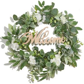 Heleze Front Door Wreath with Welcome Sign, 18'' Artificial Eucalyptus Wreaths Faux Greenery Wildflower Wreath Year Round for Indoor Outdoor Farmhouse Spring Summer All Season in Saudi Arabia