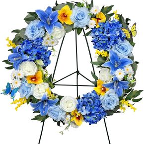 MUVIC Cemetery Wreath with Grave Holder, Artificial Flower Wreaths for Gravesit Decoration for You Loved Ones,Blue Rose Yellow Cemetery in Saudi Arabia