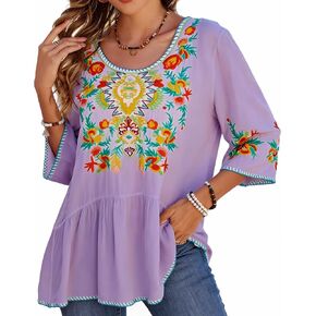 3/4 Sleeve Floral Embroidered Peasant Top for Women Plus Size Mexican Boho Blouse, Casual Vacation Tunic, Soft Cotton in Saudi Arabia