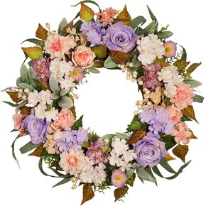 22 Inch Vintage Floral Wreath - Artificial Purple Pink Rose, Peach Dahlia, Hydrangea & White Berry with Boxwood, Lamb's Ear, Willow Eucalyptus, Indoor Outdoor Farmhouse Front Door Decor in Saudi Arabia