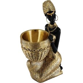 Lescafita African Woman Sculpture with Gold Leaf Bowl, Handmade Resin Figurine, Exotic Tribal Art Statue for Living Room, Dining Table, or Entryway Decoration in Saudi Arabia
