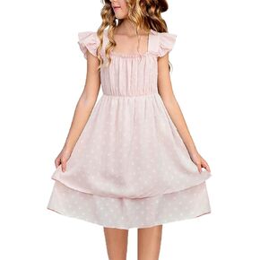 PopReal Tween Girls Summer Dresses Kids Double Hem Layer Ruffle Sleeve Polka Dot Dress in Saudi Arabia