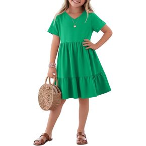 Girls Dress Short Sleeve V Neck Tiered Midi Summer Knit Casual Soft Dress for Kids 5-14 Years in Saudi Arabia