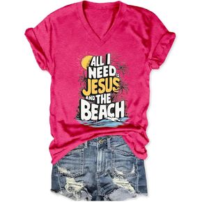 All I Need is Jesus and The Beach Shirt Christian T Shirts for Women Vacation Tops Summer Beach T-Shirts in Saudi Arabia